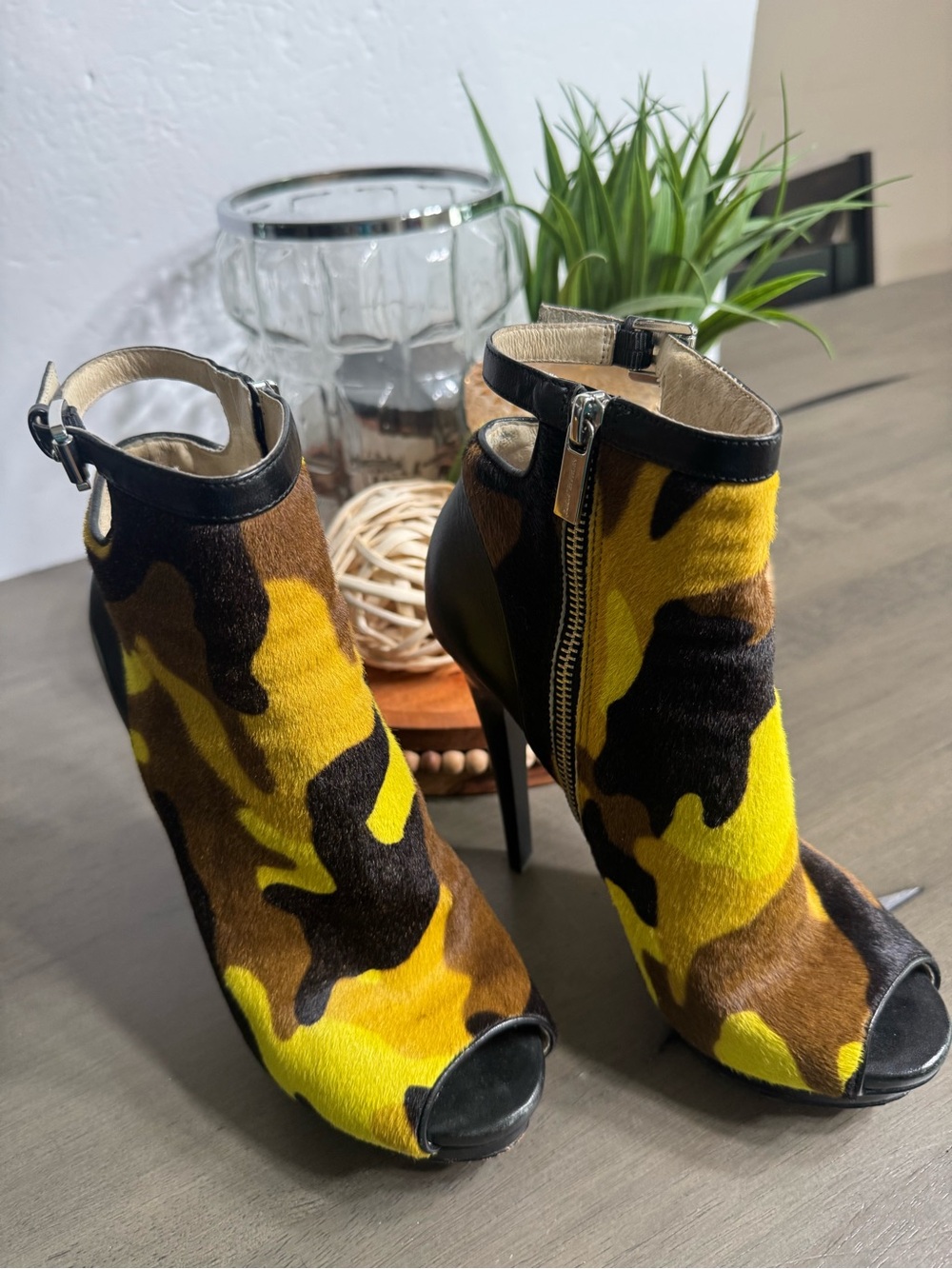 Michael Michael Kors Yellow/Brown/Black Camo Peep-Toe Ankle Booties